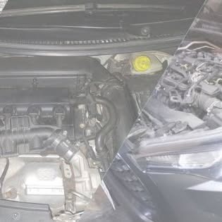 Motores de dos vehículos con el capó abierto en el taller