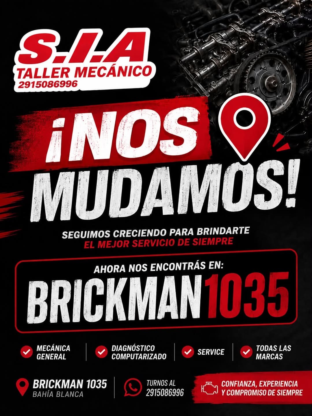Pieza vertical anunciando la mudanza de S.I.A. a Brickman 1035, Bahía Blanca